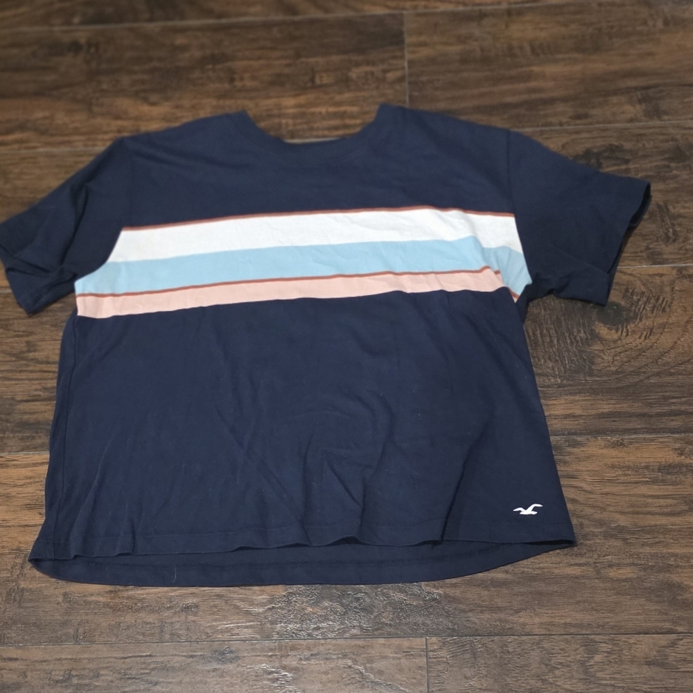 Hollister Navy Blue Tee with Stripes